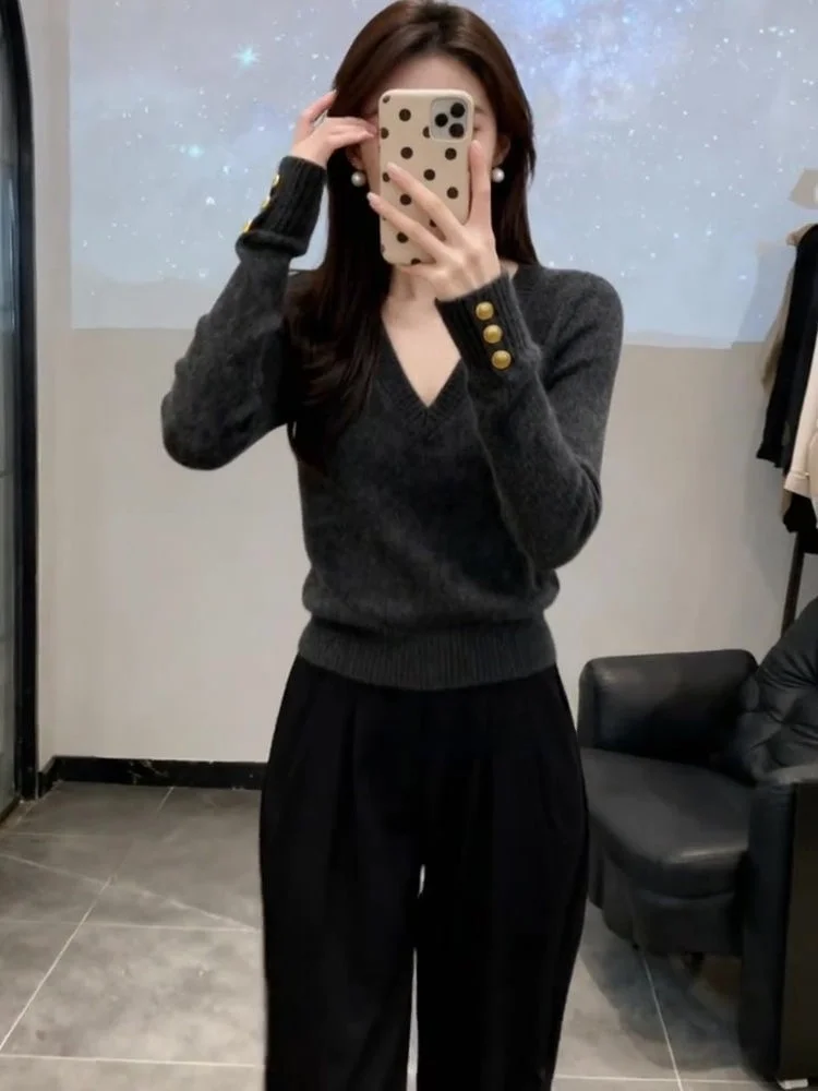 ay V-Ne Knitted Base irt Women's Faion Commute Sle Slim Fit Inner Wear Korean Sle Long Sve Warm Sweater