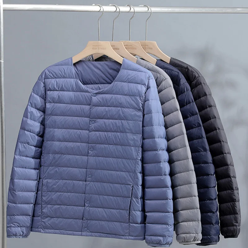 Men's lightweight foldable down jacket for warmth and convenience, stand up collar jacket, travel and leisure outerwear