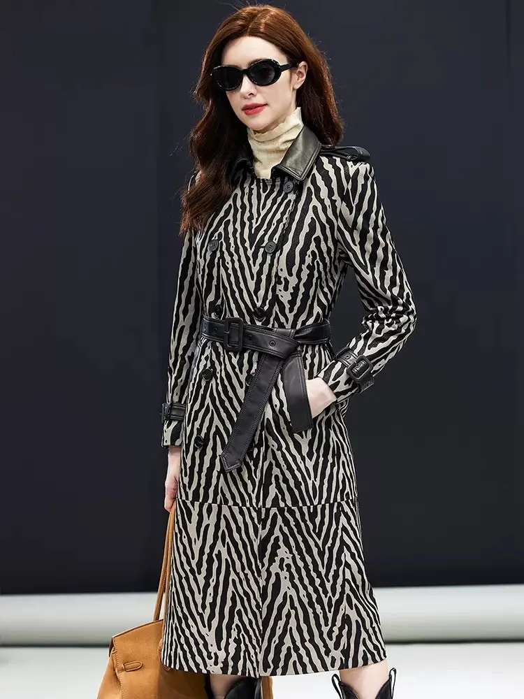 ผู้หญิงยาว Sheepskin หนังแท้เสื้อคู่ Breasted Belted สำนักงานสุภาพสตรีแฟชั่น Zebra Stripe Windbreaker Coat