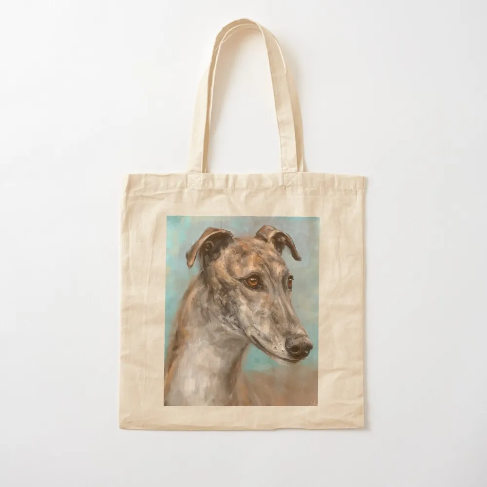 

Painting of a Brown Greyhound on Bluish Background Tote Bag