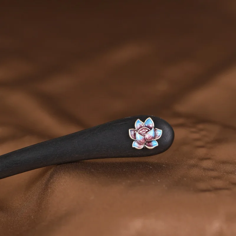 

925 Silver China Chic Han Clothes Sandalwood Hair Sticks Women Ethnic Enamel Blue Purple Lotus Flower Hair Forks Pearls Hairwear