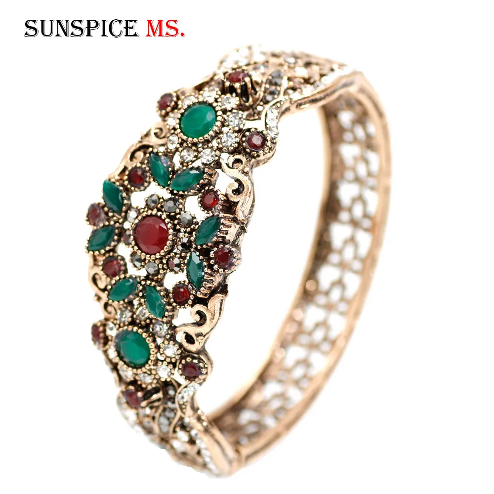 Sunspicems Chic Turkish Bangle Cuff Bracelet For Women Antique Gold Color Rhinestone Flower Bracelet Arab Bride Wedding Jewelry