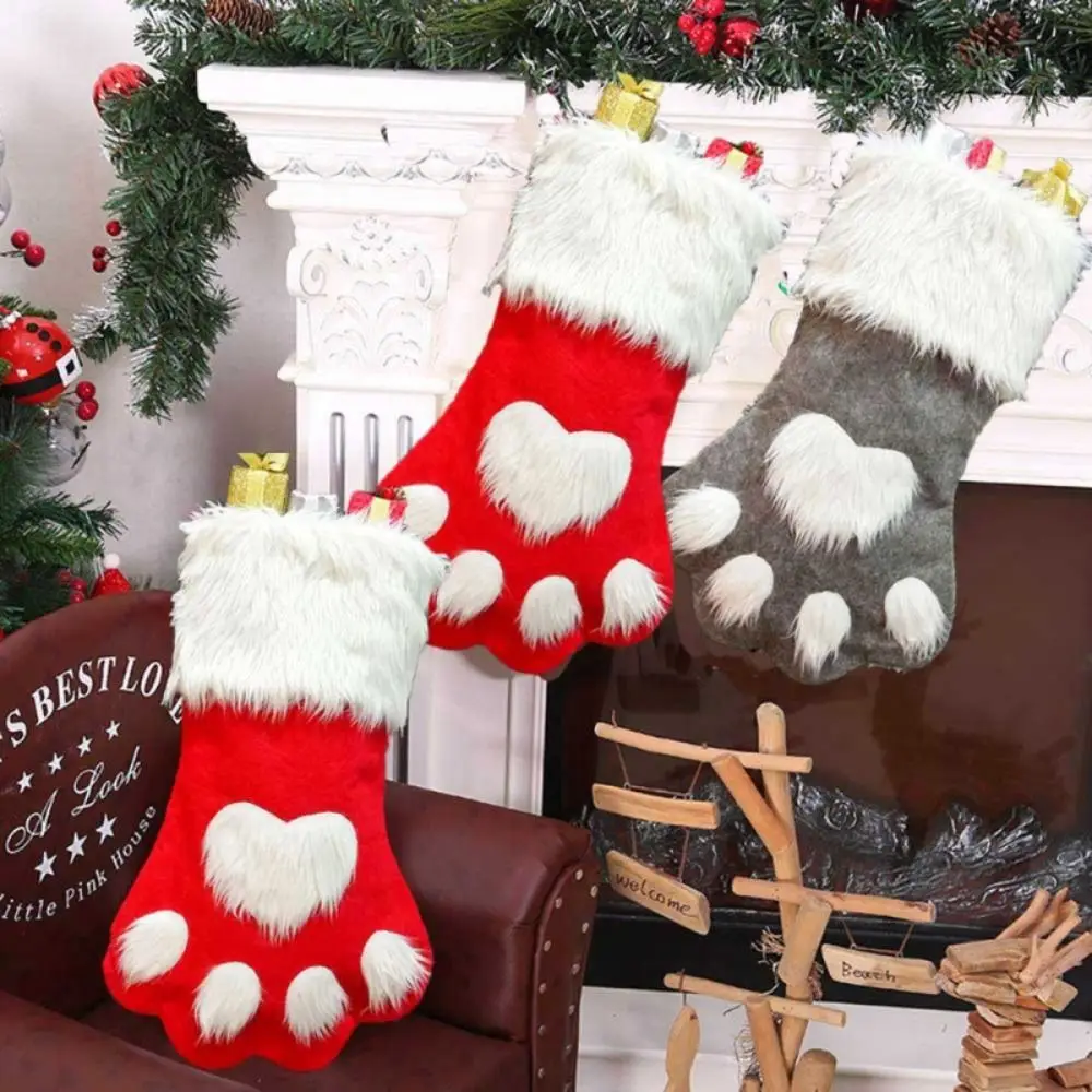 Decorative Non-woven Fabric Dog Claw Christmas Stocking Heart Plush Puppy Paw Gift Bag Hairy Hanging Christmas Tree Pendant Home