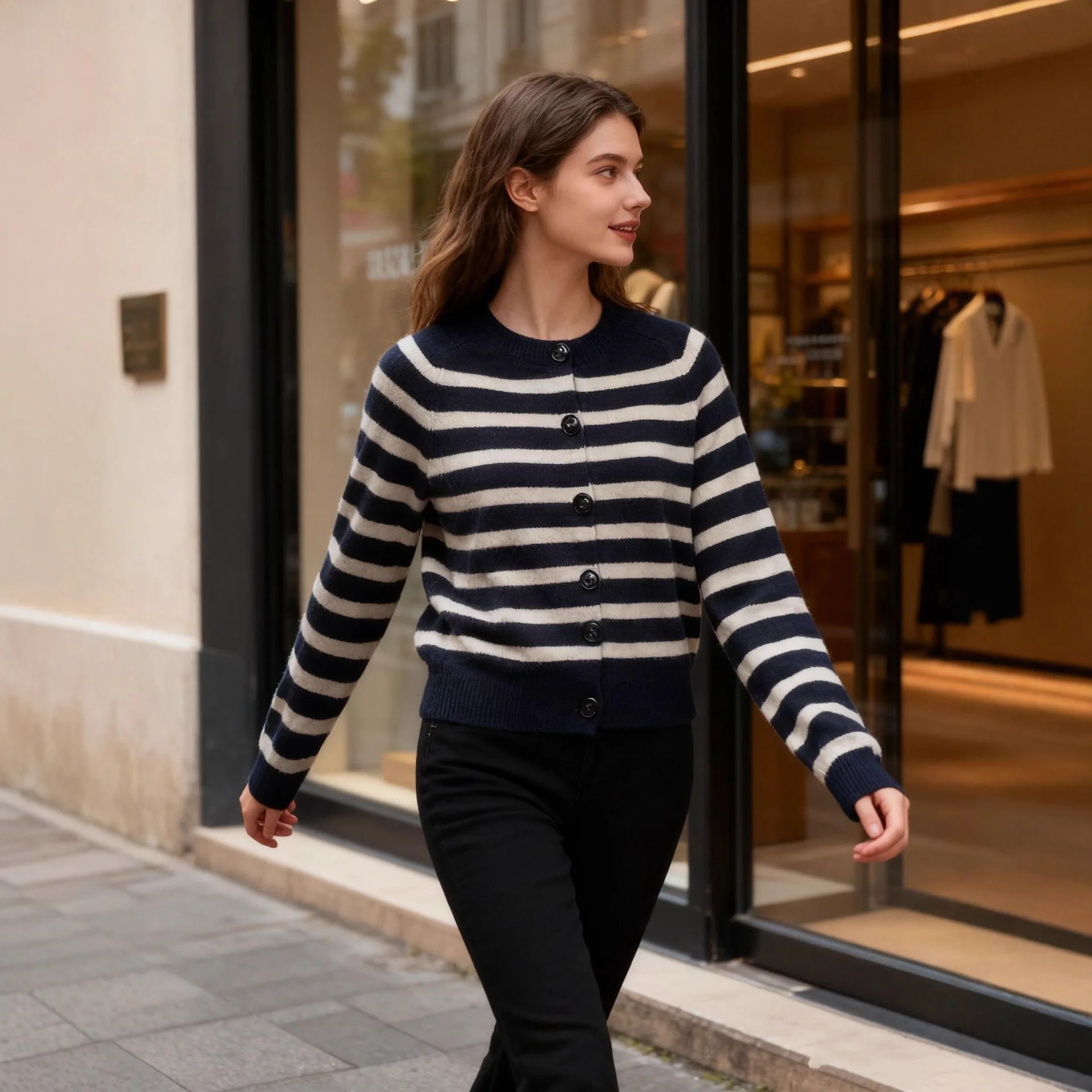 سترة نسائية مخططة للخريف كاجوال عصرية متعددة الاستخدامات برقبة دائرية سترة فضفاضة للاستخدام اليومي بأكمام طويلة #2