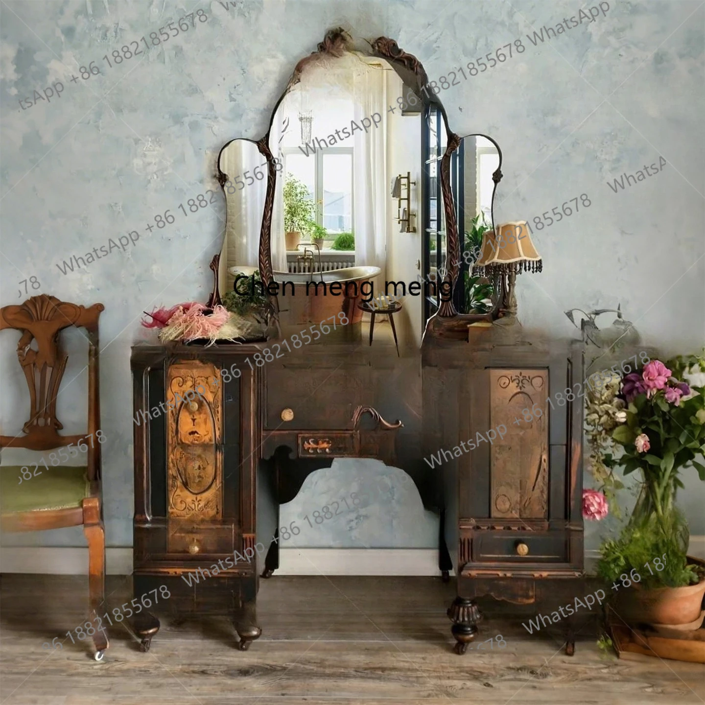 

French retro solid wood dresser, bedroom makeup table storage cabinet, makeup table with makeup mirror