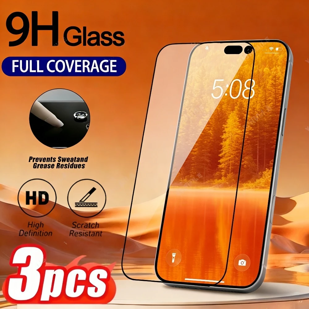 

Комплект из 3 защитных стекол Full Cover для iPhone 17, 16, 15, 14 Pro Max, 17e Air, 16, 15, 14 Plus, 13, 12, 11 Pro – Защита от царапин, закаленное стекло