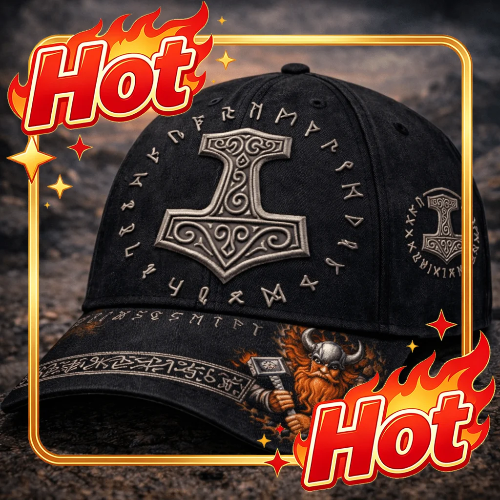 Custom Runic Hammer Symbol Baseball Cap Nordic Inspired Rune Circle Emblem Warrior Dwarf Artwork Dark Vintage Style