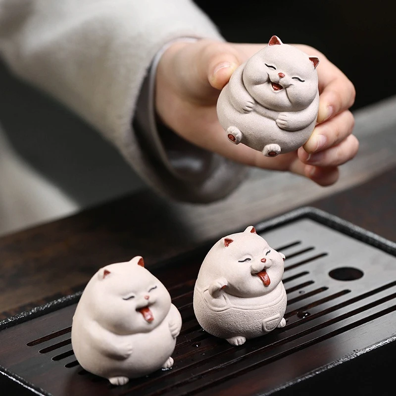 Purple Clay Cute Cat Tea Pet Handmade Lovely Kitten Miniatures Creative Fortune Lucky Tea Play Ornament Home Decor Craft Present