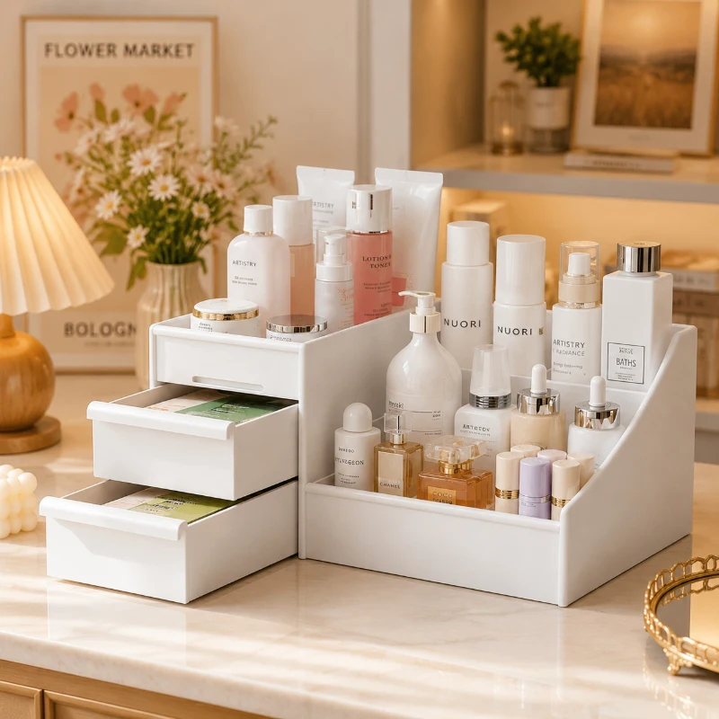 White Desktop Cosmetic Drawer Box, Plastic Multi-layer Organizer, Practical Storage for Dorm Makeup Skincare Stationery