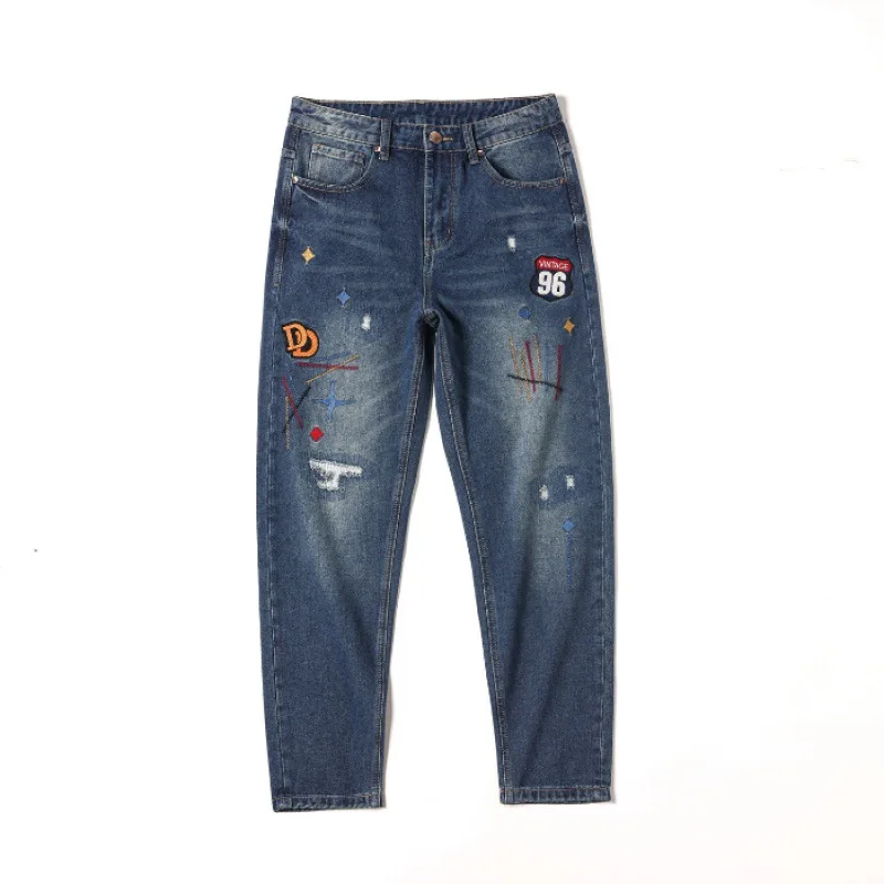 2024 New Washed Make Old Ripped Men's Jeans Embroidered Letters High Street Casual Pencil Pants Long Pants