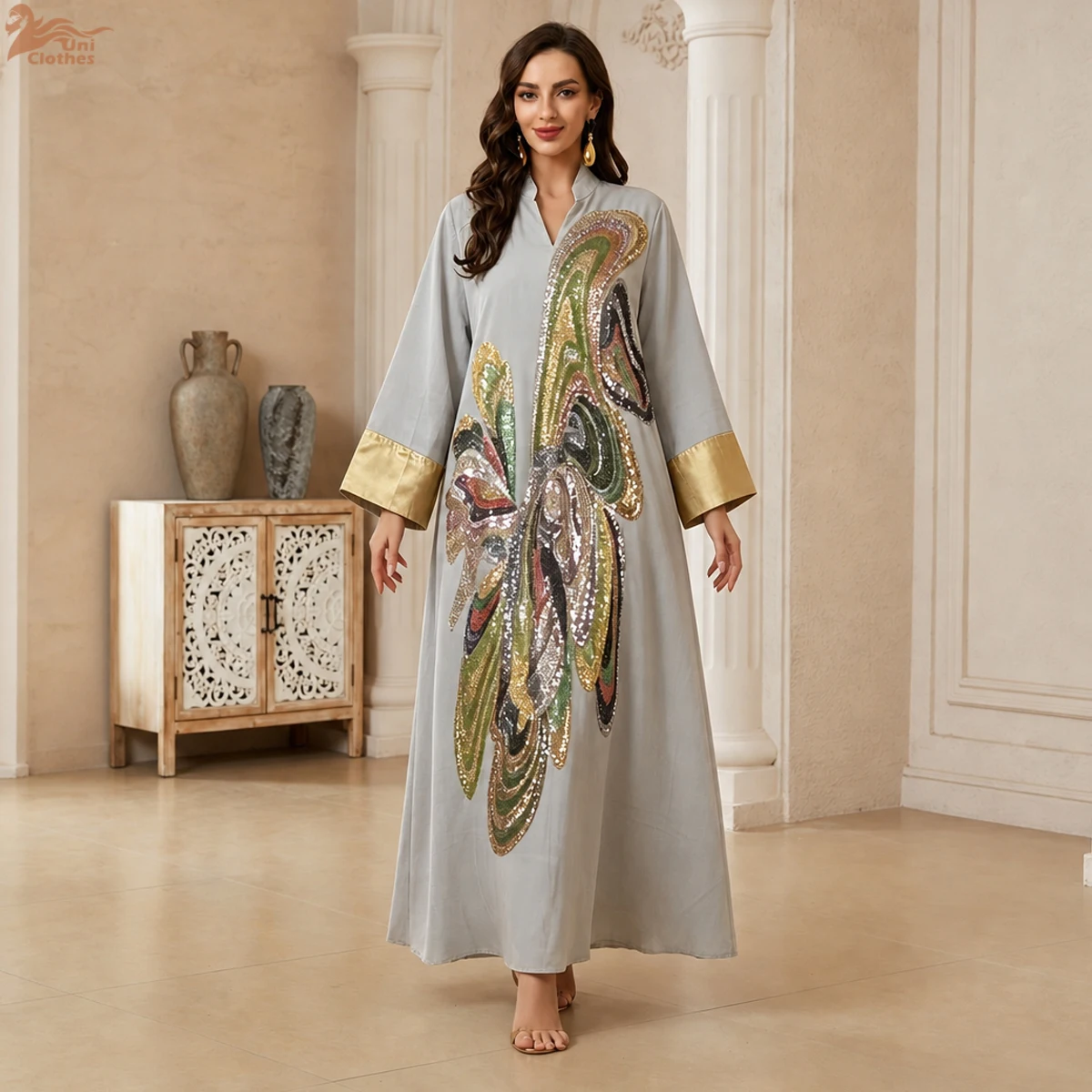 Uni Muslim Elegant Sequins Beaded Embroidered Women Evening Dress Maxi Abaya Fashion Caftan Marocain Femme