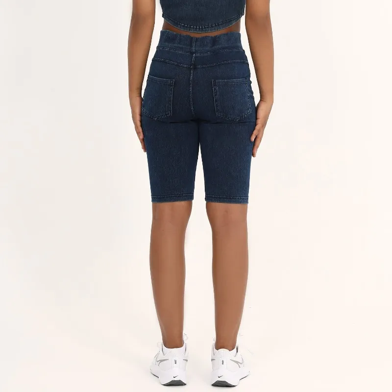 ​ ​ Short de Yoga en Denim taille haute pour femmes, double poche, sans couture, extensible, Fitness, mode, Slim, cinq points