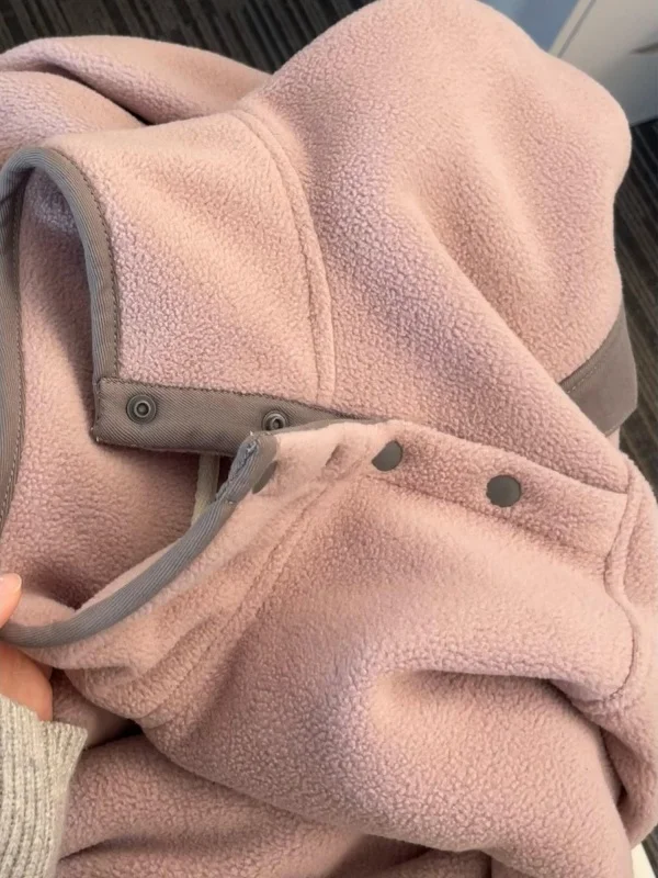 Ultra-White Pink Fleece Stand-Collar Sweatshirt Women's Outerwear Autumn Warmth Fashion Korean Style Loose Fit Long Sleeve