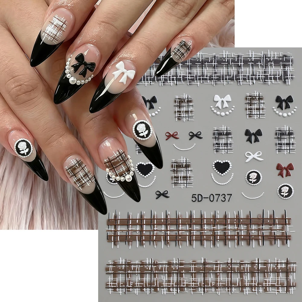 1Pcs 5D Black White Brown Checkered Bow Heart Nail Stickers French Pearl Rose Nails Decal Self-Adhesive Classic Plaid Nail Decor