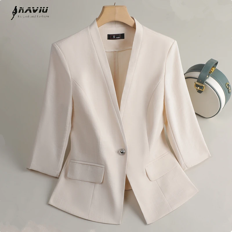 

NAVIU Elegant Women Blazer New Summer Temperament Casual Formal Half Sleeve Jacket Office Ladies Work Coat Apricot Green Black