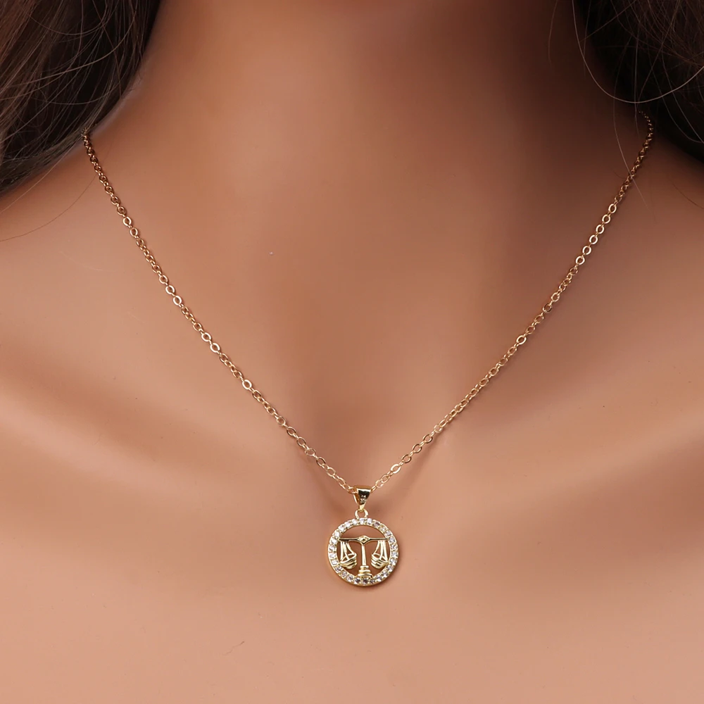 12 Zodiac Signs Constellation Necklaces Gold Color Shining Zircon Libra Symbol Pendant Necklaces For Women Men Amulet Collar