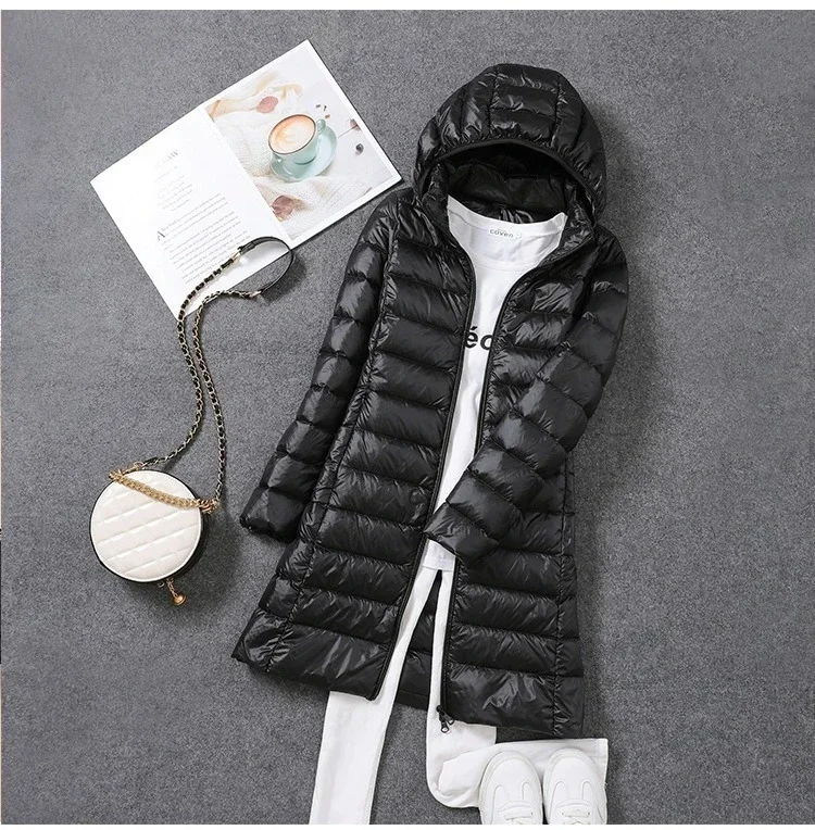 2023 Women Spring Jacket Ultralight Thin Packable Down Long Jacket  Female Hat Detachable Slim Fit Skirt Coat Portable Outwear