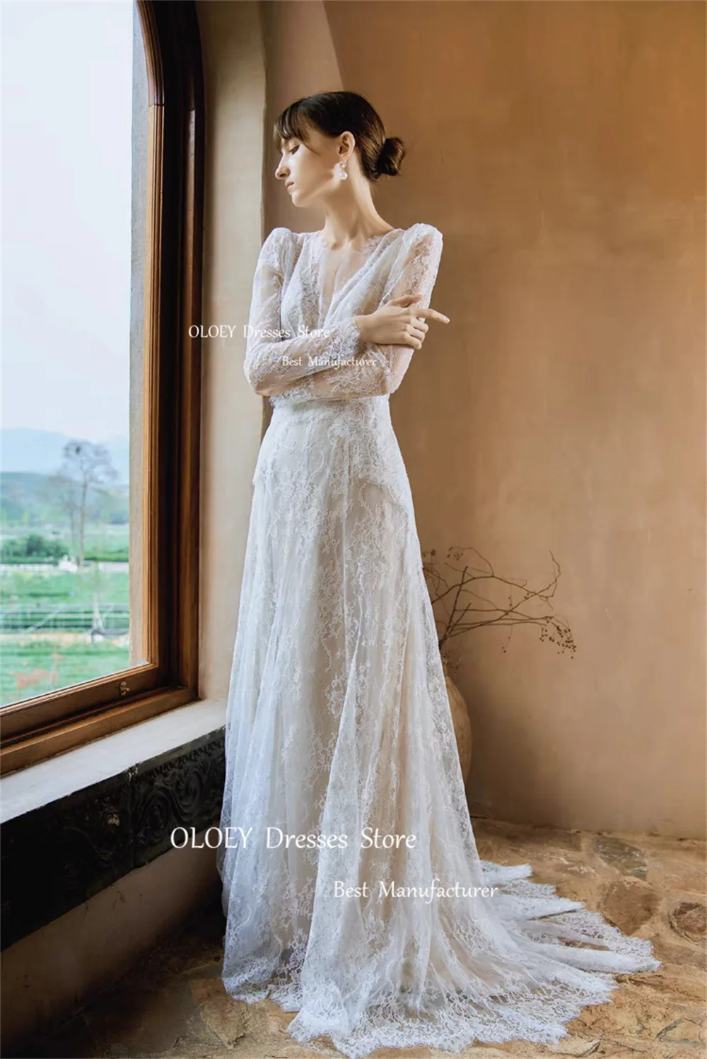 OLOEY-exquisitos vestidos De novia De encaje con cuello en V, longitud hasta el suelo, bata De matrimonio, cremallera, botón trasero, hecho a medida