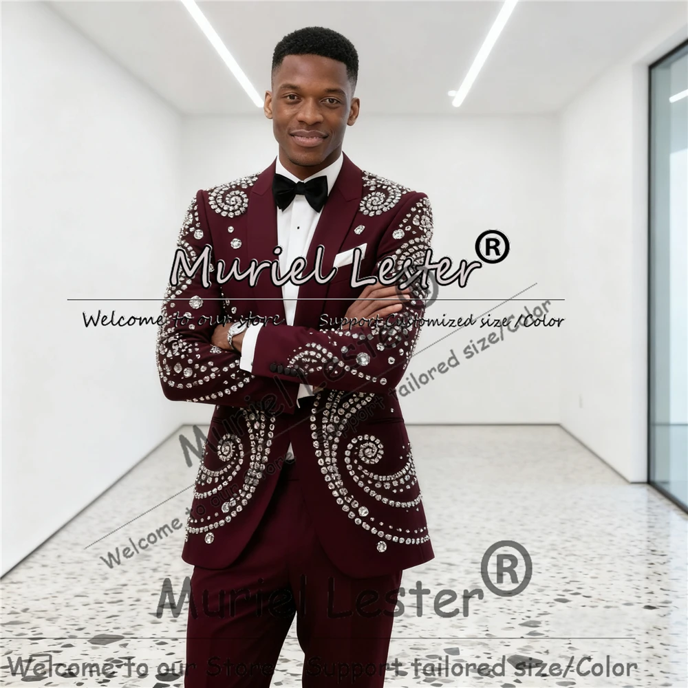 

Свадебные костюмы с серебряными камнями и бисером для мужчин, однобортный пиджак, брюки, комплекты из 2 предметов, мужские пиджаки для деловой вечеринки, смокинги, наряды