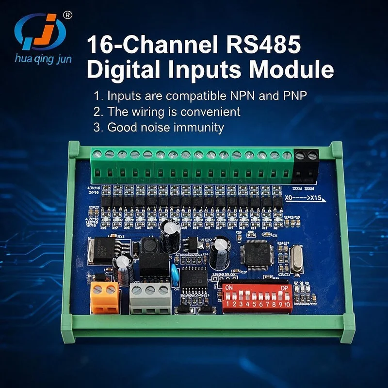 Chingjun 16-Channel RS485 Communication Digital Input Module Data Acquisition 24VDC with Led Modbus RTU Remote Control for PLC