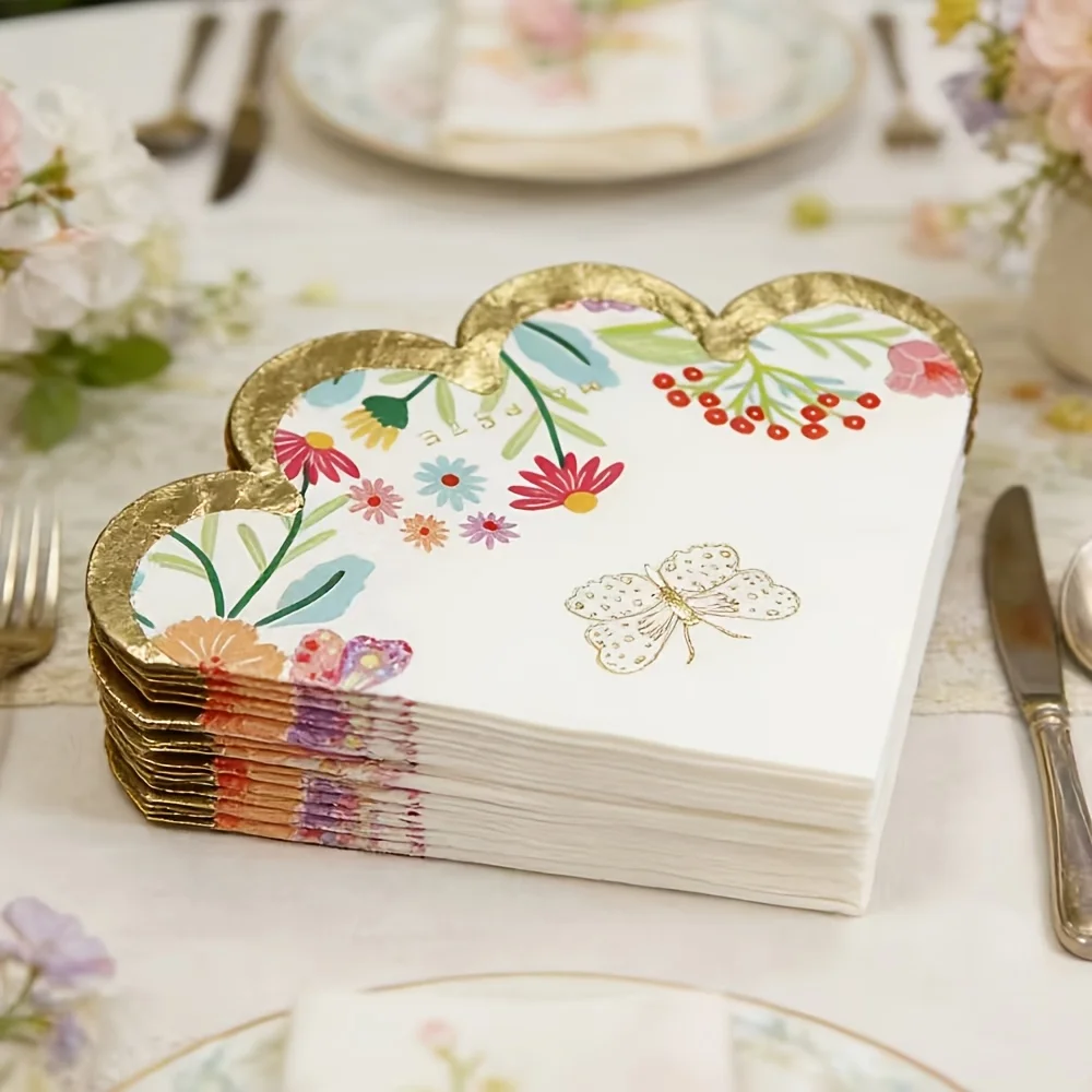 20pcs Elegant Golden-Embossed Floral Butterfly Napkins with Ruffled Edges-Disposable Suitable for Birthday Shower,Party Decorat