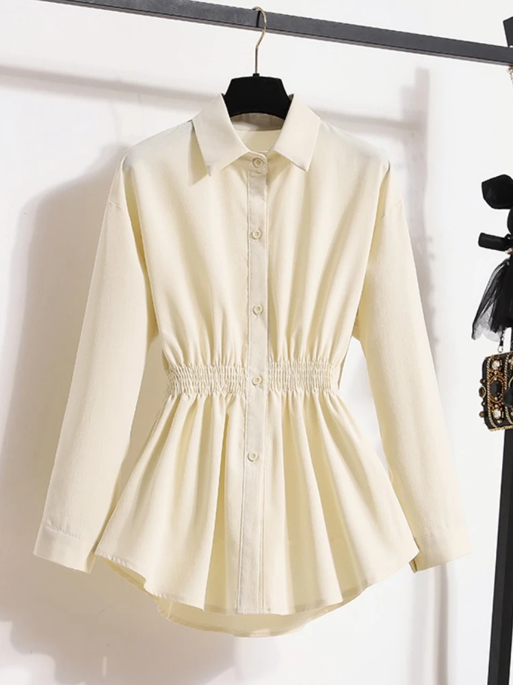 2025 Long Sleeved Waist Cinching Shirts Women's Plus Size Blouse Korean Style Spring Autumn Loose Elegant Casual Mid-length Tops