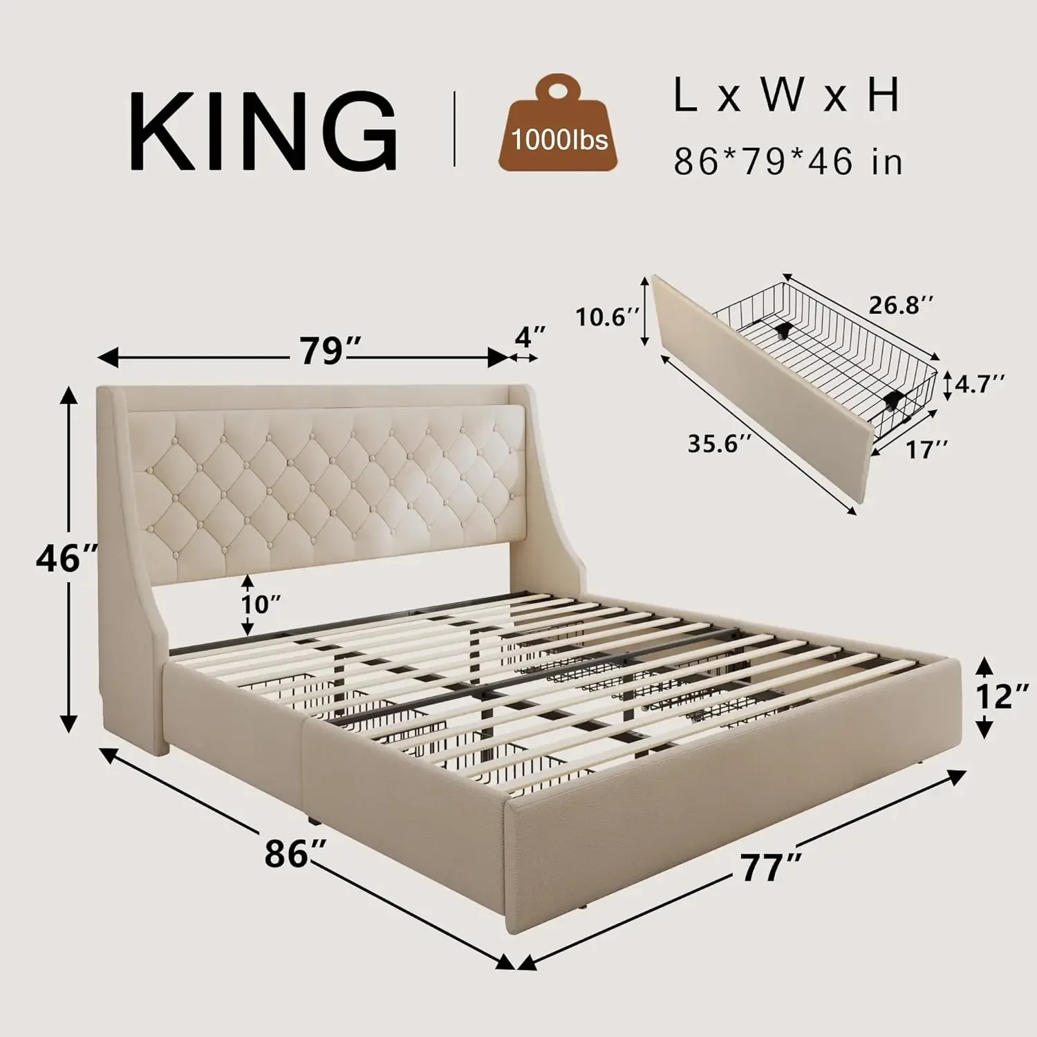 Upholstered King Size Bed Frame with 4 Storage Drawers, Platform Bed Frame with Wingback Headboard, Charging Station, Beige