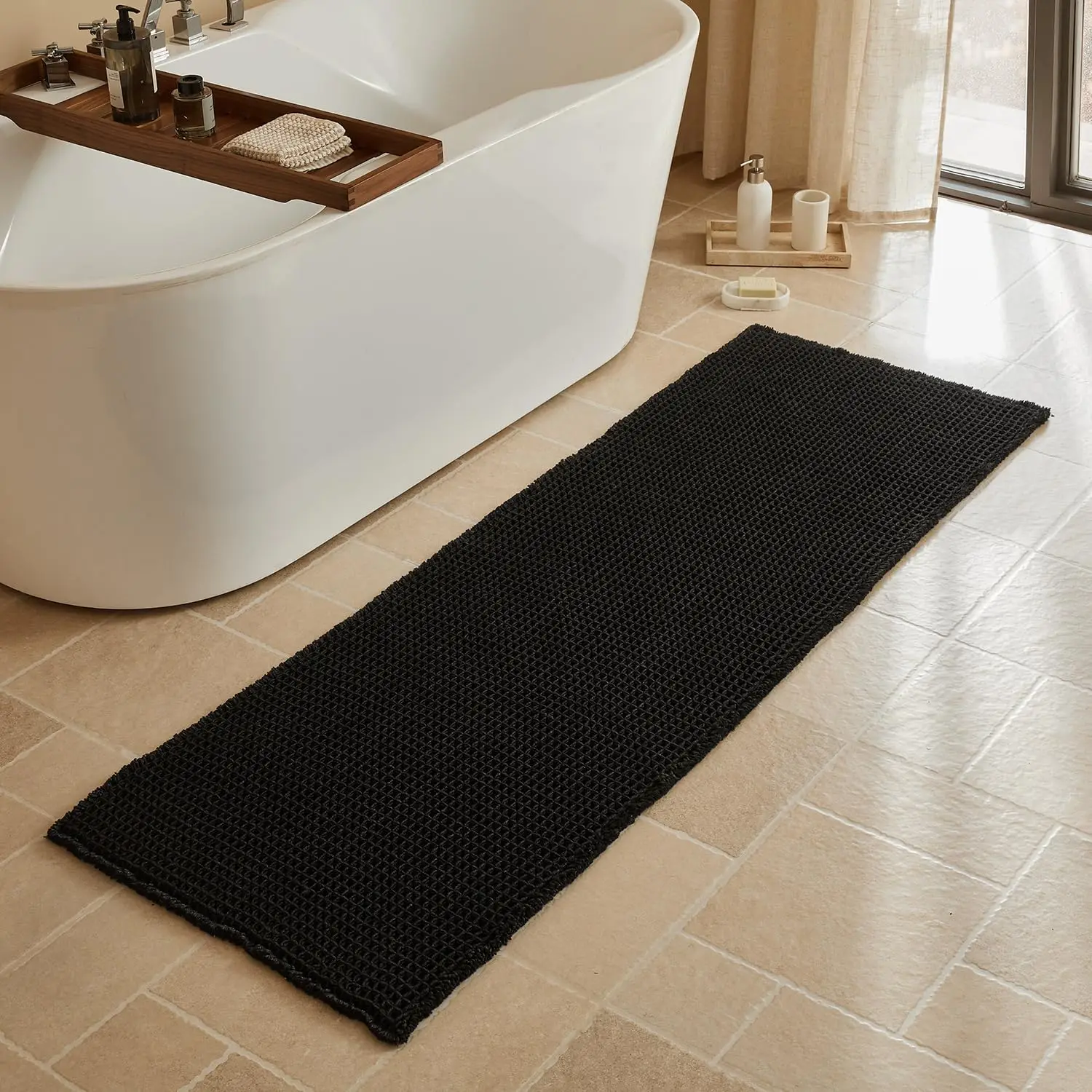 

Ultra Soft Non Slip Waffle Bath Mat 24x72 - Super Absorbent Quick Dry, Washable Bathroom Runners for Boho Farmhouse Decor, Black