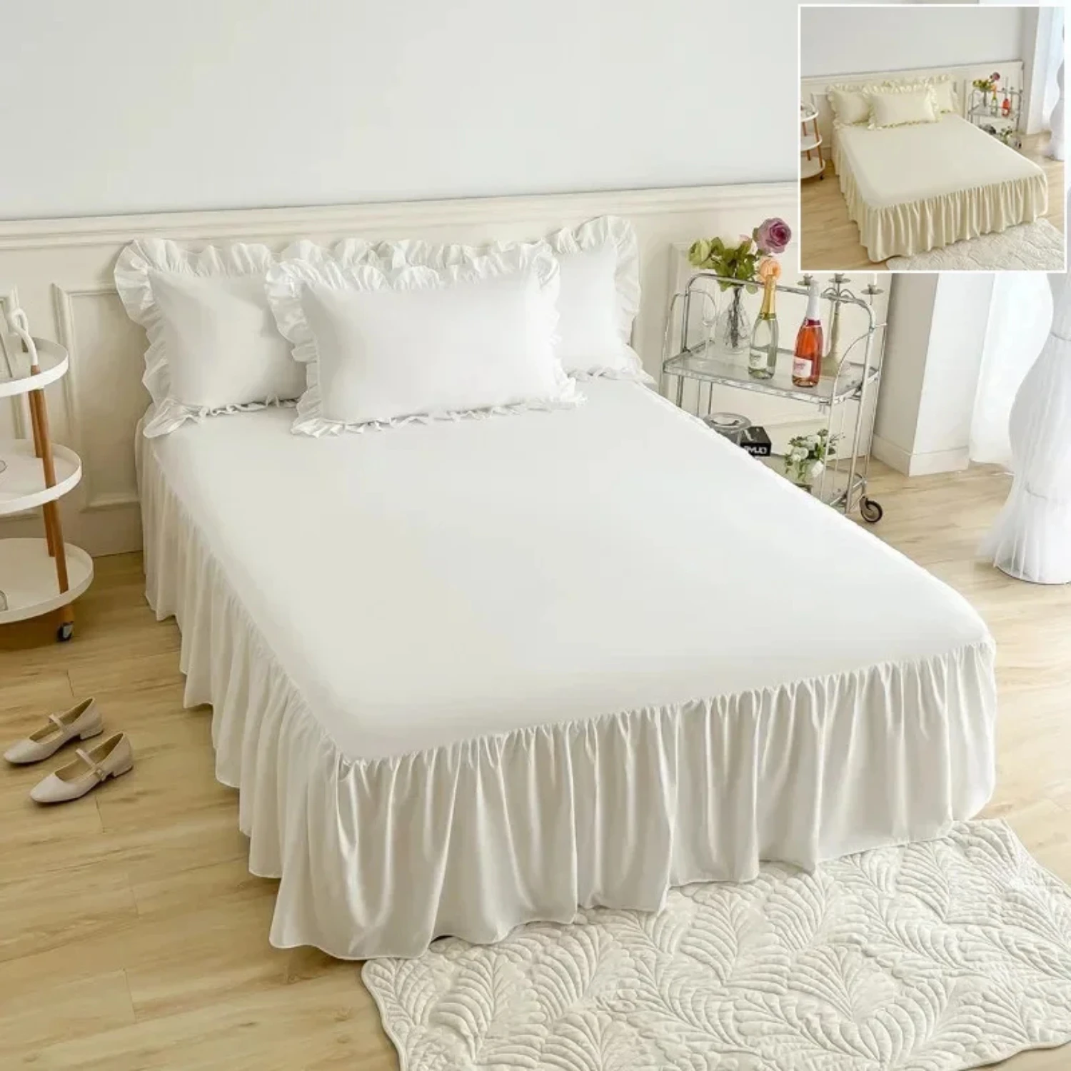 Elegant Lace Ruffled Solid Color Bed Skirt for Bedroom Decor, Non-slip Mattress Cover, Bedsheet/ Bedspread, 1pc Colcha de cama