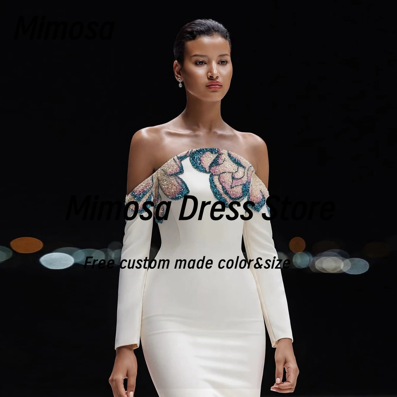 Mimosa Long Sleeves Prom Dresses 2025 Colorful Beading Strapless Evening Party Dress Zipper Back Robe De Soirée Customized