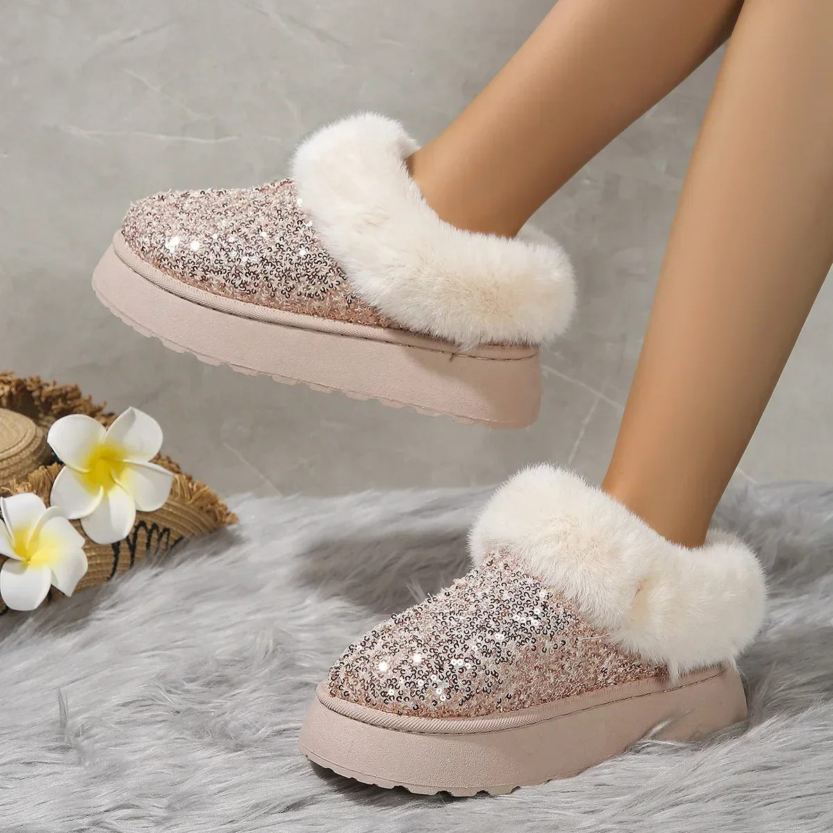 Ankle Snow Boots Women Winter 2024 New Fashion Shiny Fur Short Plush Warm Flats Slippers Platform Shoes Indoor Cotton Flip-Flops