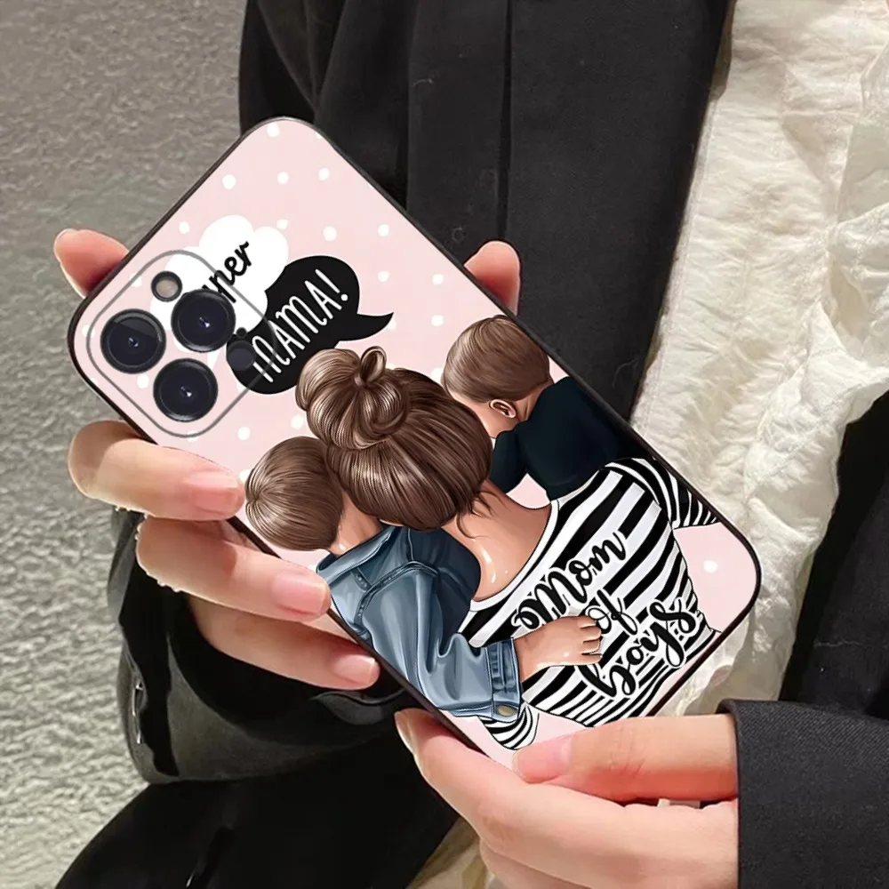 Black Brown Hair Baby Mom Girl Son Phone Case For iPhone 15 14 11 12 13 Mini Pro XS Cover 6 7 8 Plus X XR SE 2020 Funda Shell