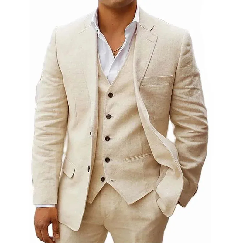 

Linen Suits for Men 2024 Wedding Grooms Tuxedos Summer Smart Casual Beach Mens 3 Piece Set Jacket Vest Pant Custom Males Outwear