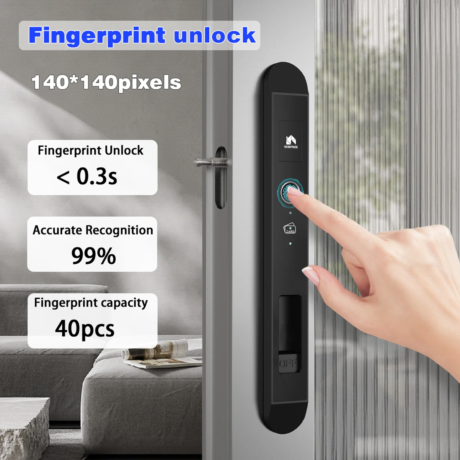 WINFREE SMART Fingerprint Card Key Aluminium Slim Narrow Profile Sliding Door Lock by Google Assistant or Alexa Voice Control