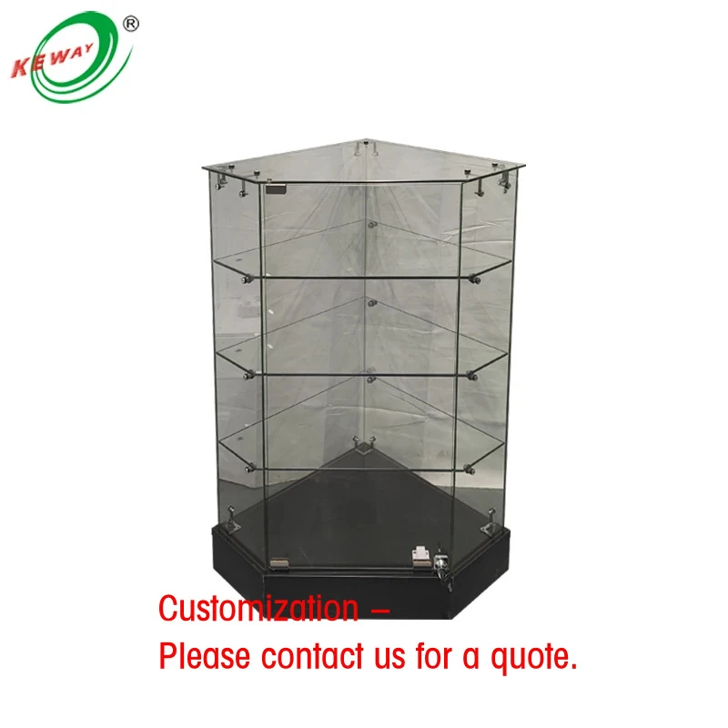 custom.KEWAY Custom Tempered Glass Corner Showcase with LED Lighting & Lock Smoke Shop Jewelry