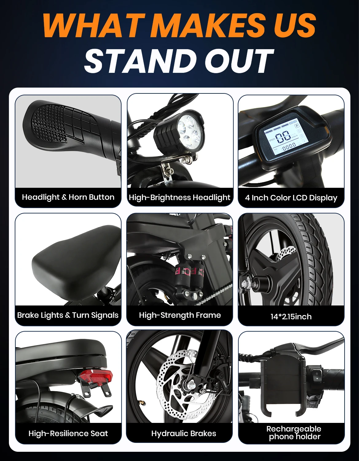 Classic Foldable Electric Bike for Adults,750W/1500W,28/40MPH,48V15Ah/52V 25Ah Battery,60-80 Miles,14"Tire with Dual Disc Brakes view 6
