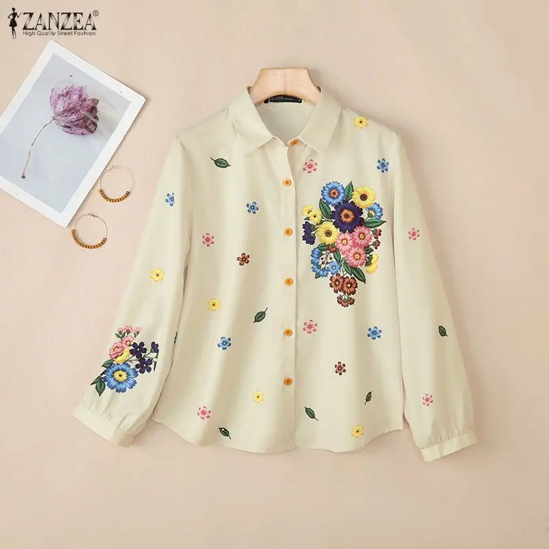 

Осень 202, рубашка с цветочным принтом ZANZEA, весенние женские топы с длинными рукавами, богемная праздничная блузка, повседневная блузка на пуговицах, большие размеры