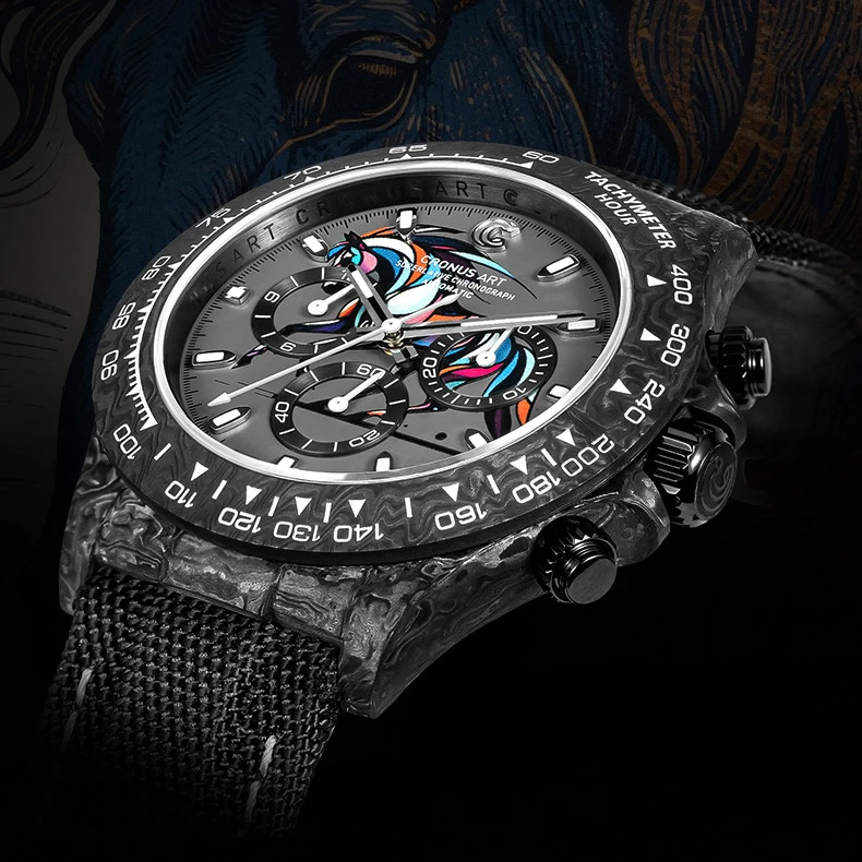 CRONUSART Men Chronograph Watch Automatic Mechanical Wristwatch Carbon Fiber Case Luminou Horse Year Dial Limited Version