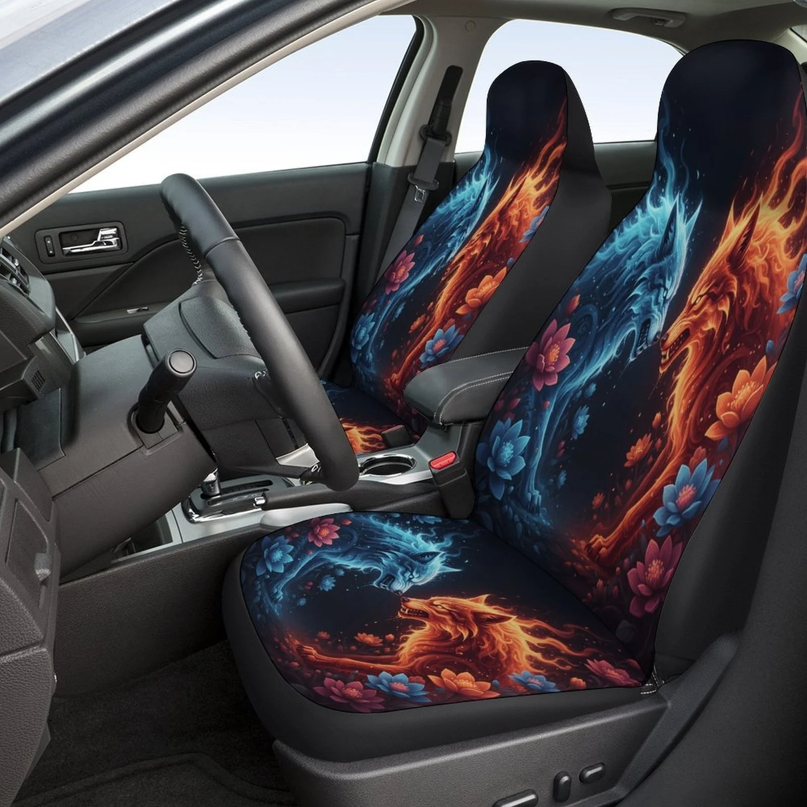 Set Of Car Covers Featuring Fire And Ice Wolves, Suitable For Various Vehicles. Stylish And Breathable, These Decorative Covers