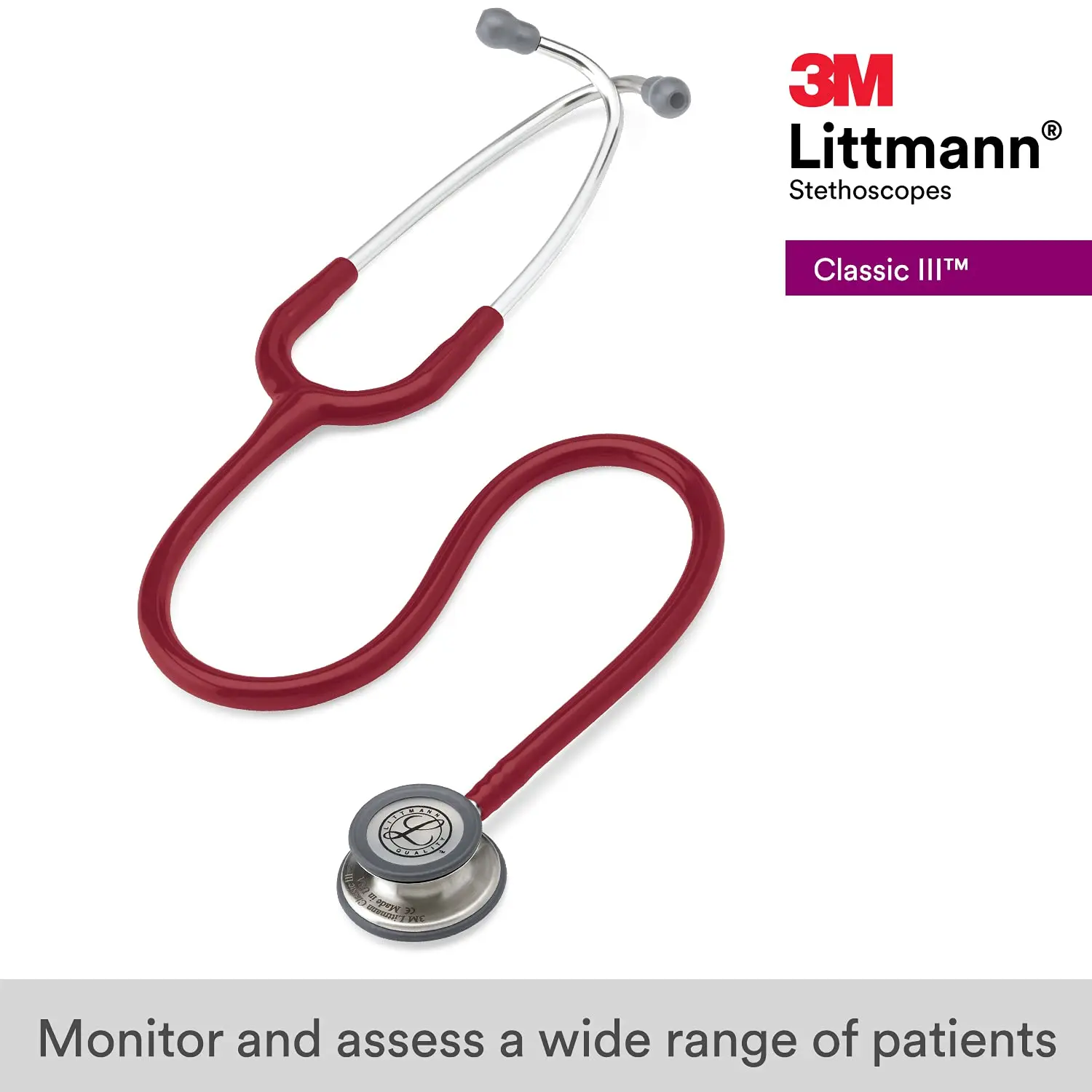 3M Littmann Classic III Monitoring Stethoscope 5627 Wine Red Tube Stainless Stem and Headset For Doctor Nurse Health Care