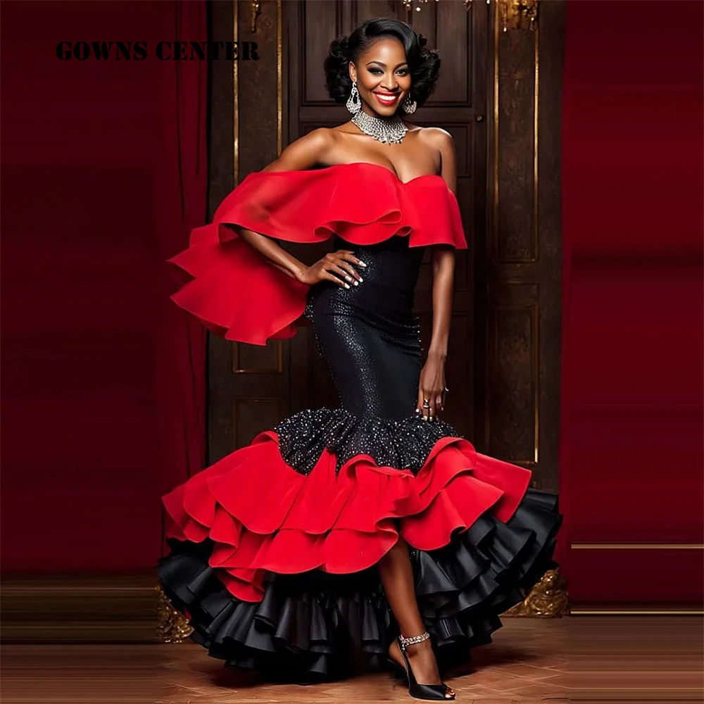 

Gorgeous Black And Red Ruched Ruffle Evening Dresses 2025 For Special Event Beads Aso Ebi Style Mermaid African Party Customized