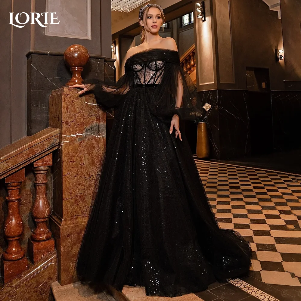 

LORIE Ball Gown Black Wedding Dresses Sequin Lace Appliques Bridal Gowns with Puff Sleeve Laceup Princess Party Dress Customized