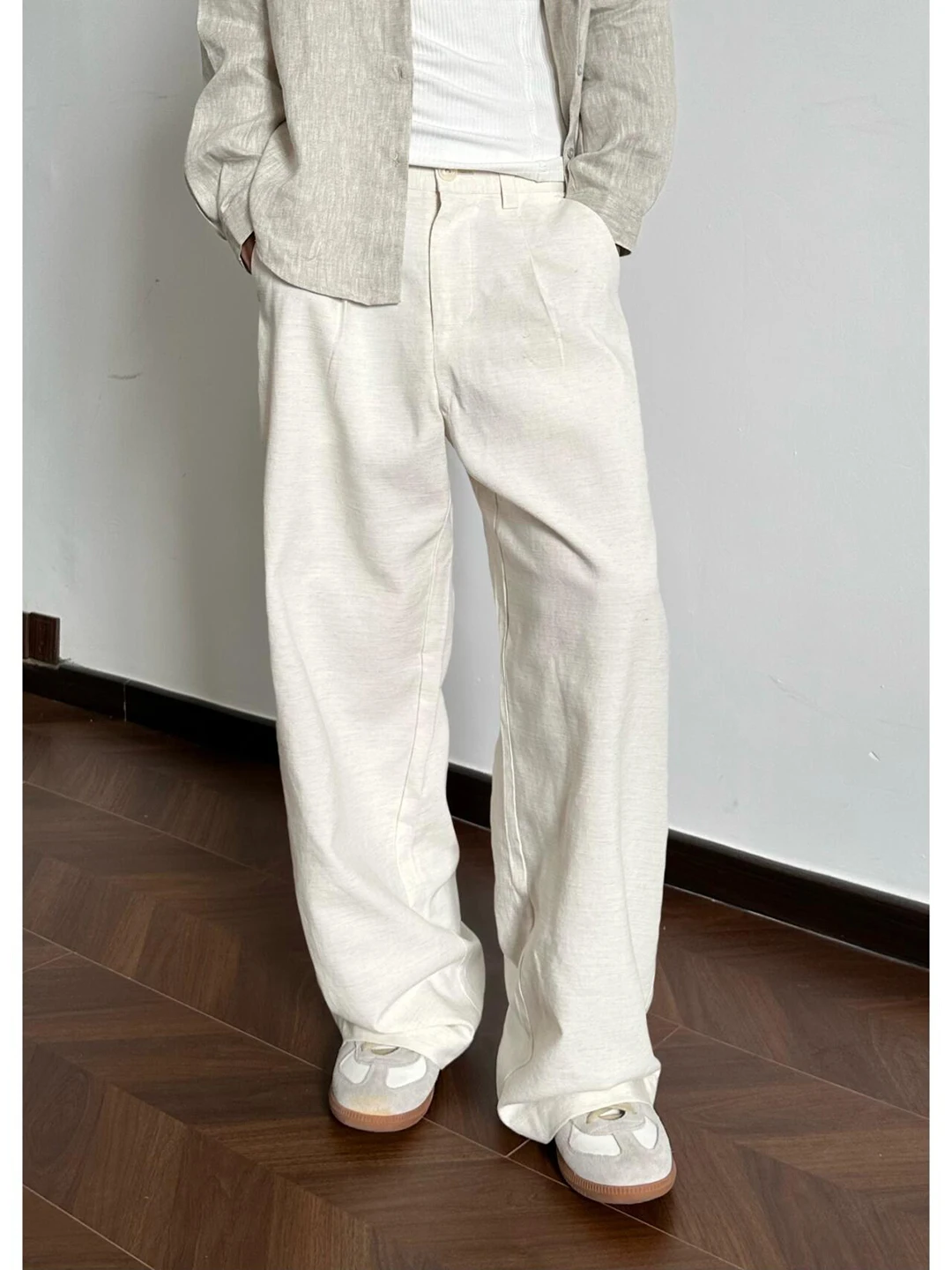 

Light Khaki Men's Summer Thin Linen Pants Qui Dry Straight Leg American Old Money Wide Leg Pants Breathable Casual Trousers