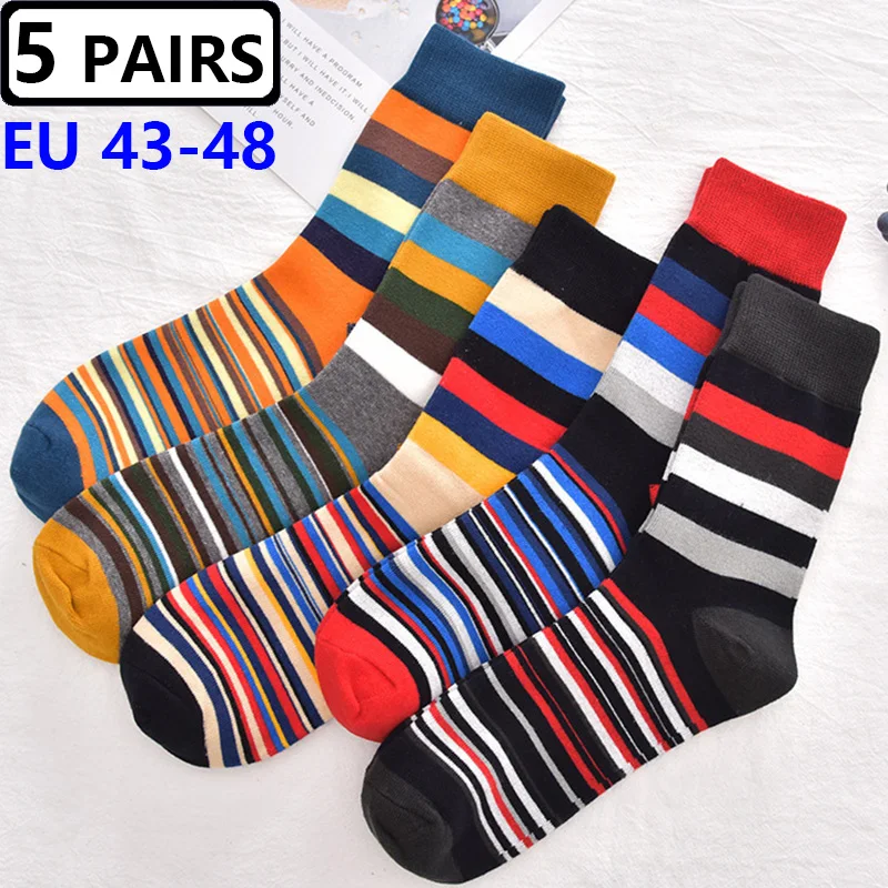5 Pairs Large Size47,48 Men's Color Dress Casual Fashion Happy Socks Combed Cotton Spring Autumn Plus Size Socks Men Gifts Meias