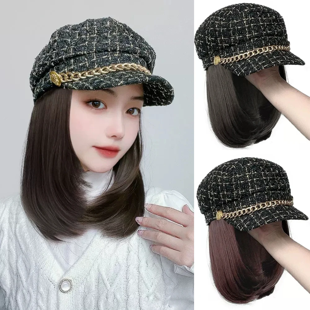 Hat Wigs 14 Inch Short Straight Hair Wigs With Tweed-Plaid-Newsboy Fiddler Cap Hat With Synthetic Hair Attached Women For Daily