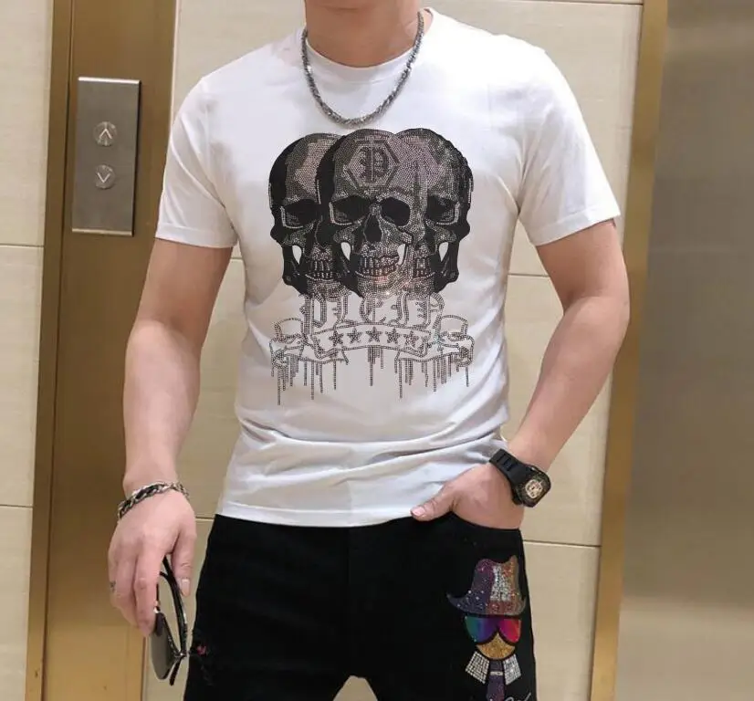 S-6XL Streetwear Men Diamonds Summer Mens Rhinestones   Skulls  Graphic  T Shirt Male  Fashion Tees Casual  anime Tops