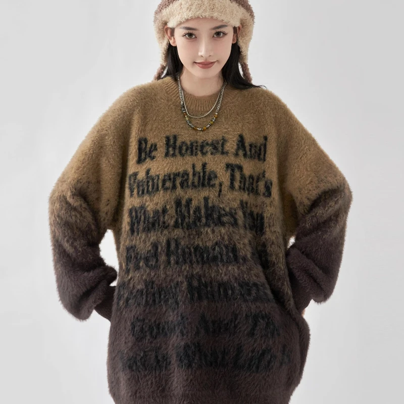 Gradiënt Trui Vrouwen 2024 Herfst Winter Warm Oversized Pullover Streetwear Y 2K Letters Lange Mouw Top Dameskleding