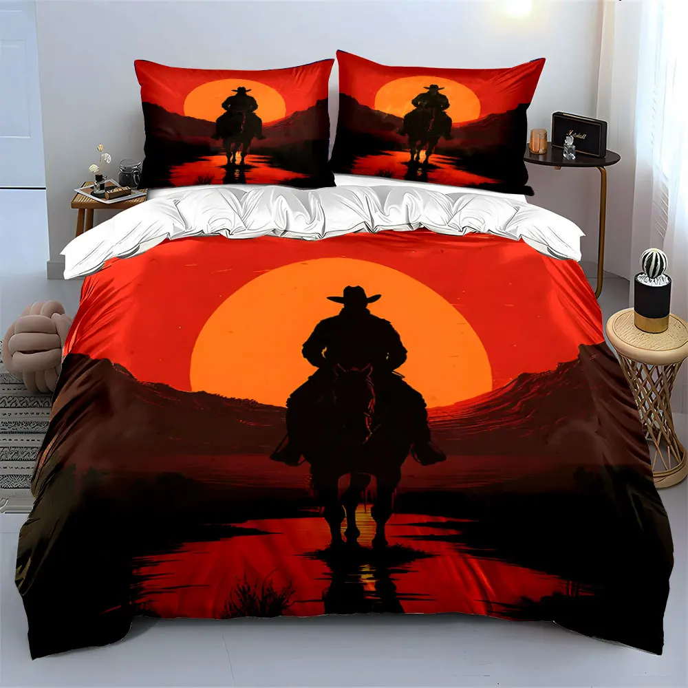 Sunset Cowboy Silhouette print Bedding Set for Kids Luxury Gift 3pcs Digital Print Comforter Set Soft Comfortable Breathable