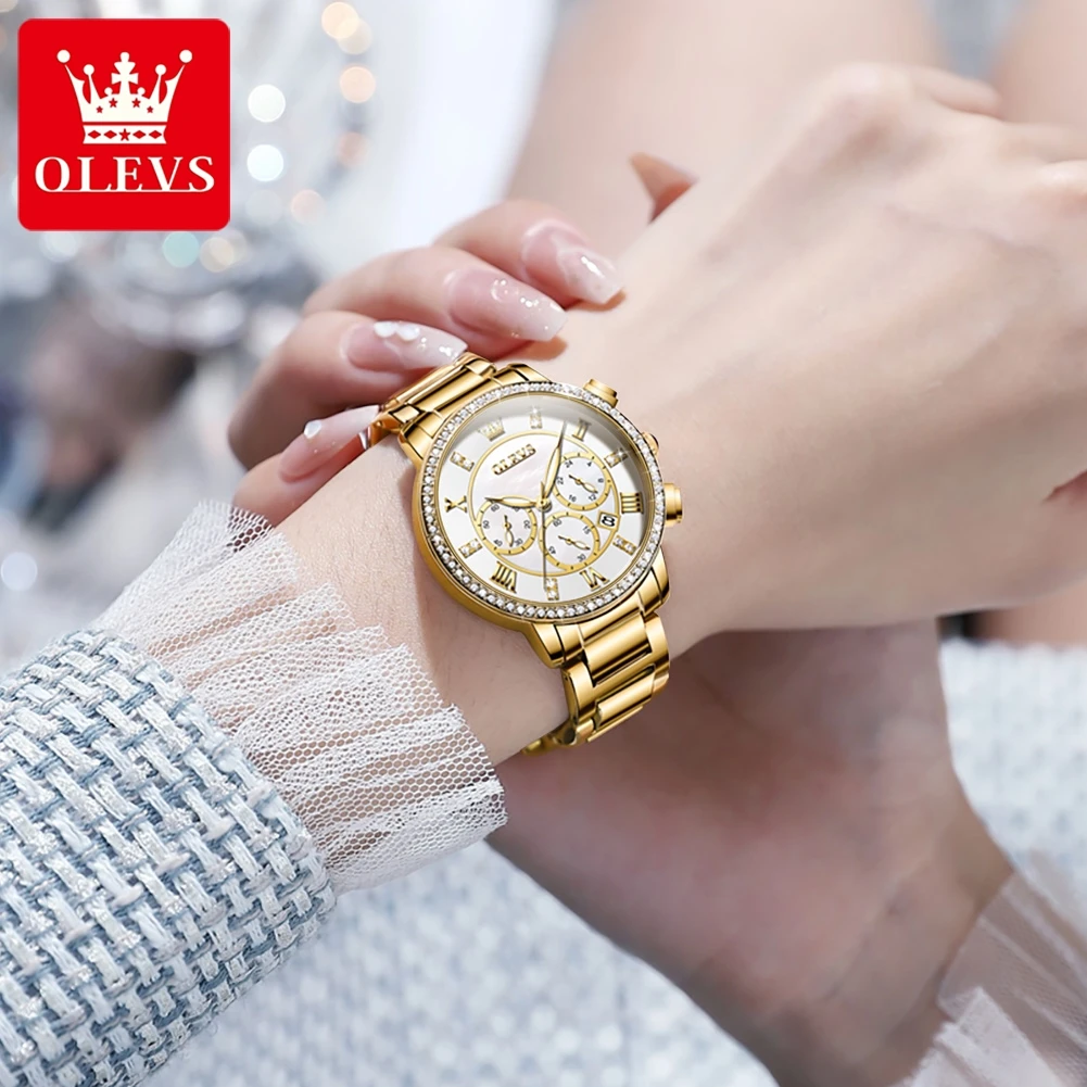 OLEVS New In Quartz Watch for Women Stainless Steel Waterproof Chronograph Auto Date Clock Fashion Elegant Ladies Wristwatches