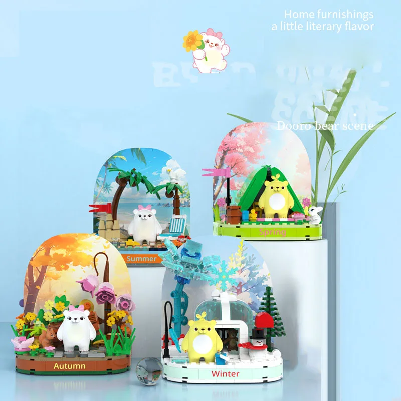 Idea 4 Seasons City Steet View Mini Block Spring Summer Autumn Winter Building Brick Cartoon Bear Figures Toys For Kids Gifts